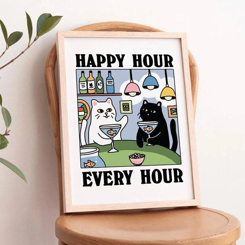 Happy Hour Cartoon Cat Canvas Wall Art Print | Home & Kids Decor