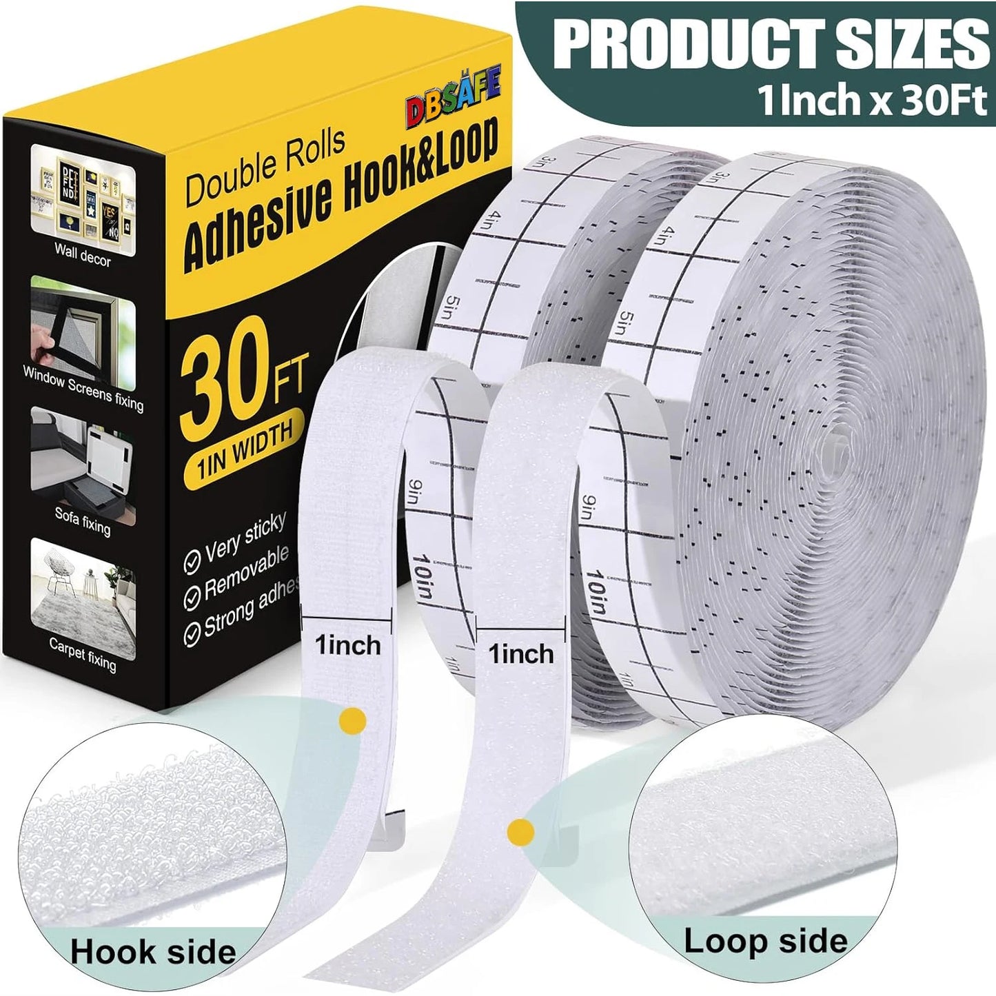 DBsafe 30Ft x 1 Inch Hook and Loop Strips with Adhesive – 2 Rolls Heavy Duty Hook and Loop Tape with Backing for Home Office Peaceful Pleasures Health and Wellness