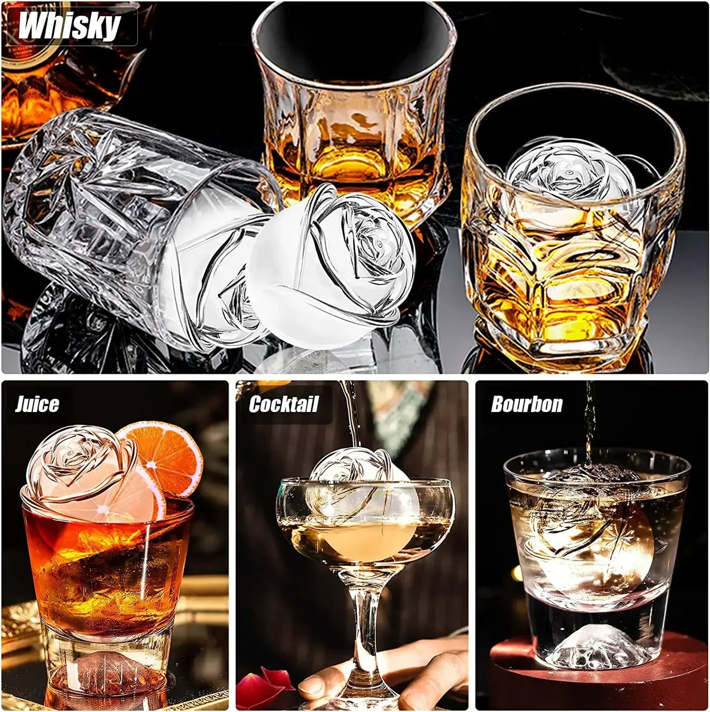 3D Rose Ice Cube Mold – 2.5" Silicone Flower Ice Tray, 4 Giant