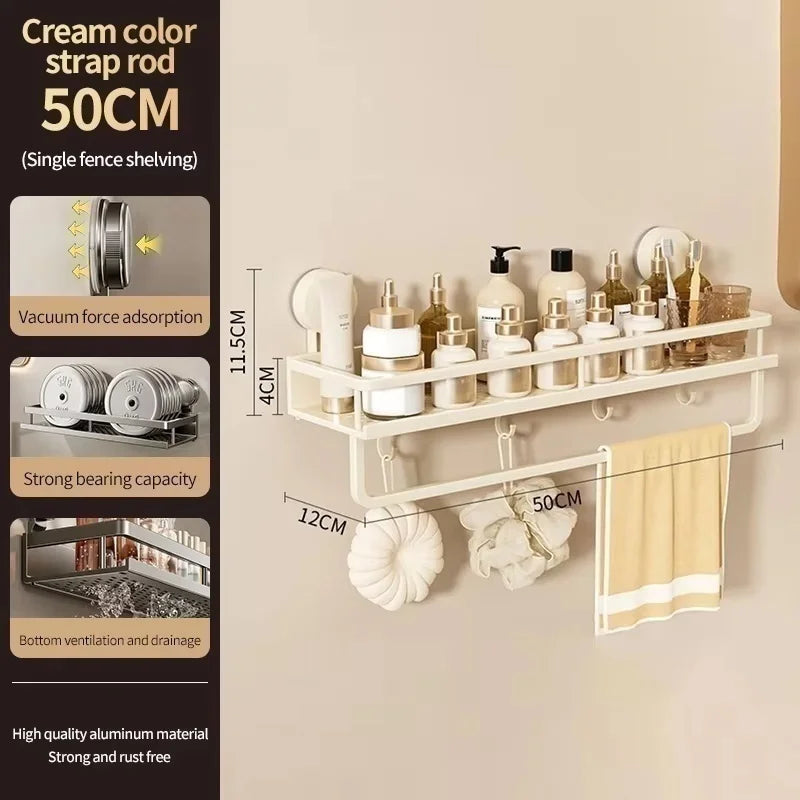 No-Drill Aluminum Suction Cup Bathroom Shelf & Towel Rack