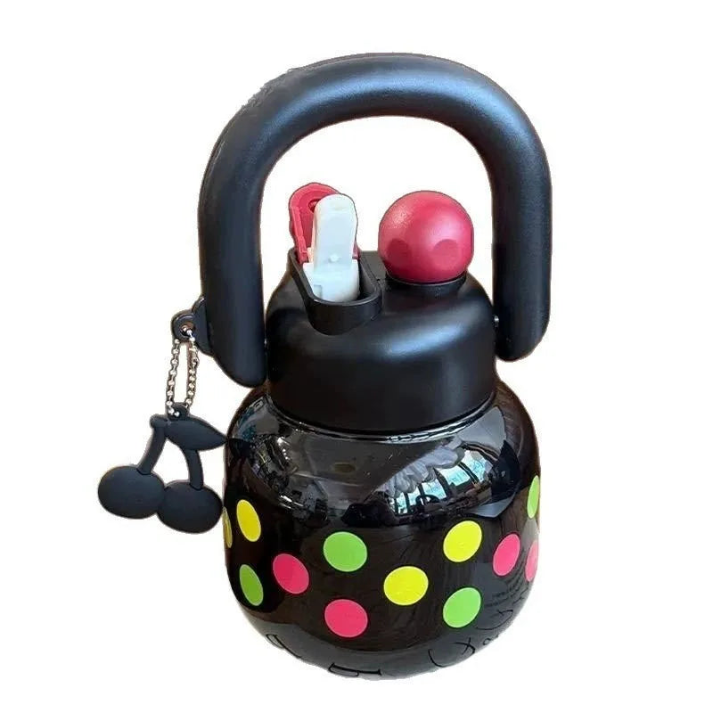 New Cute Water Bottle with Decoration, Dual Straws Design, Anti-Lipstick Stain, Detachable Travel Strap Durable Plastic Material Peaceful Pleasures Health and Wellness