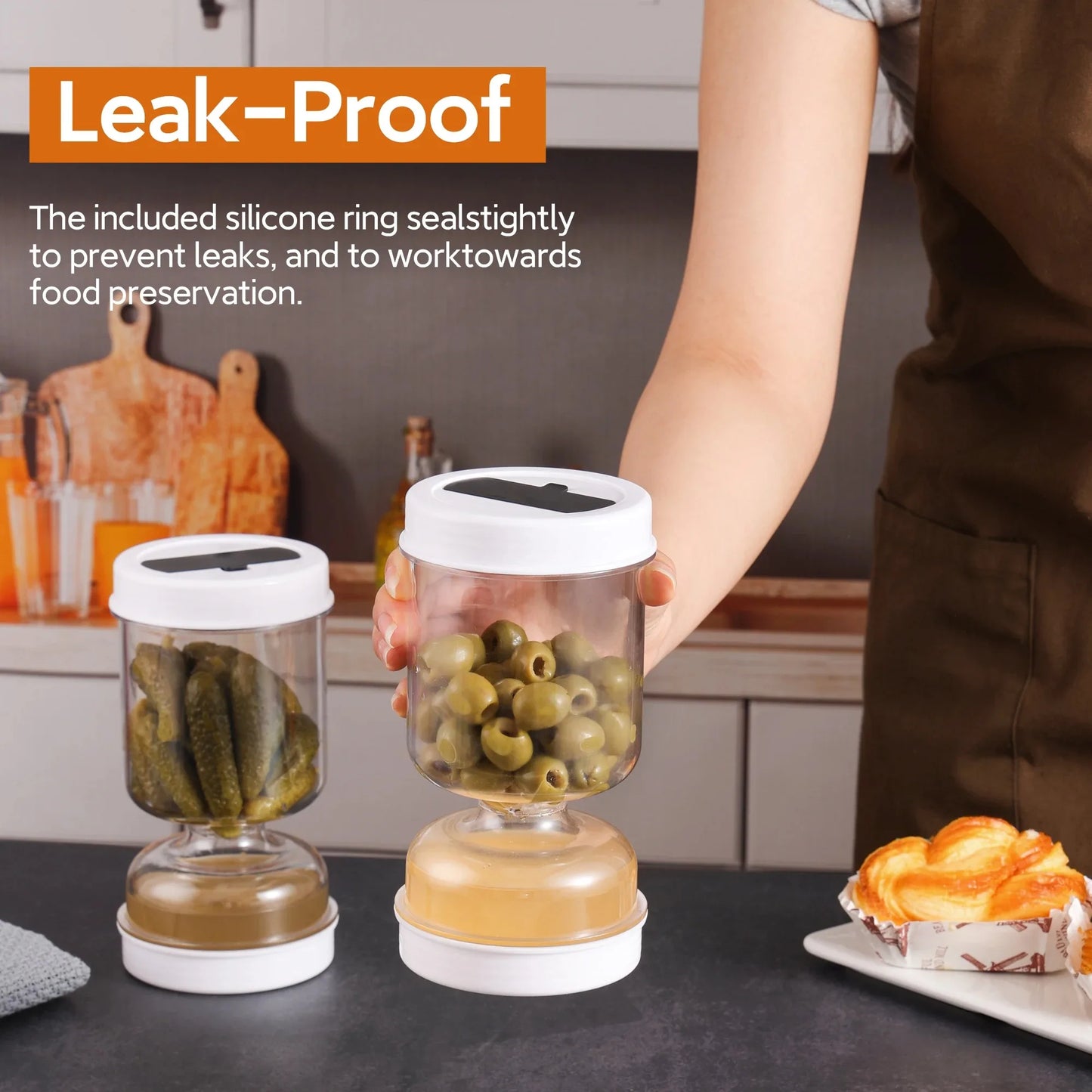 Hourglass Olive & Pickle Strainer Jar with Dry/Wet Separation – Airtight Food Storage Container
