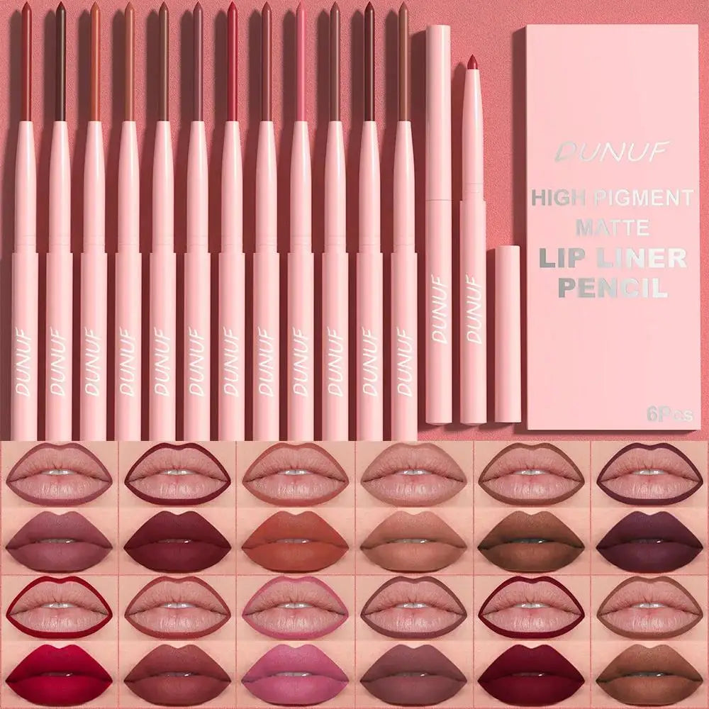 DUNUF 6-Piece Matte Lip Liner Set – Waterproof, Long-Lasting