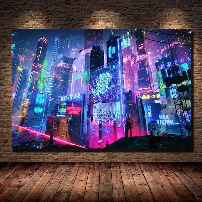 Canvas Art Painting Future Sci-Fi Punk Style Artwork Night City Street Scenery Poster Technology Wall Picture Home Decoration Peaceful Pleasures Health and Wellness 01 50x70cm Unframed