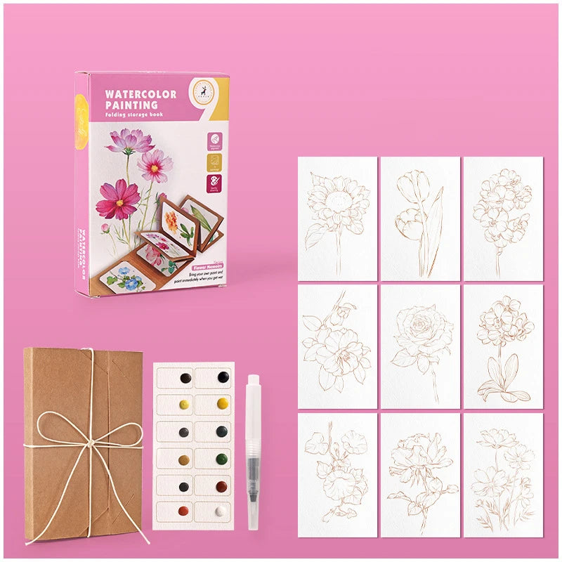 9 Sheets Watercolor Painting Thick Folding Storage Book Pen Holiday