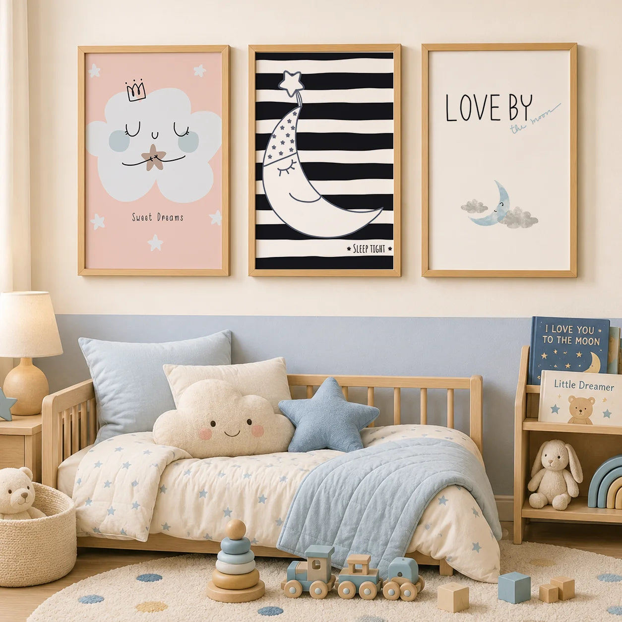 Nursery Quotes Wall Art, Rainbow Moon Cloud Canvas Painting, Nordic Posters Prints for Baby Boy Girl Kids Bedroom Decor Peaceful Pleasures Health and Wellness