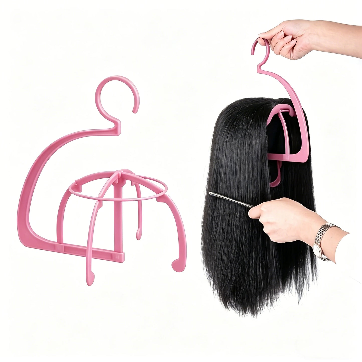 Pink Portable Hanging Wig Stand & Dustproof Organizer Rack