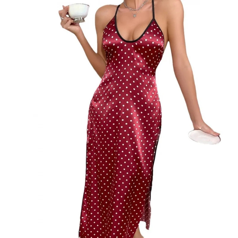 Women's Spotted Faux Silk Babydoll Dress & Lingerie Set