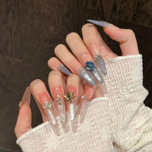 10pc Handmade Long Oval Press On Nails | 3D Cat Eye Crystal Press On Nails Peaceful Pleasures Health and Wellness