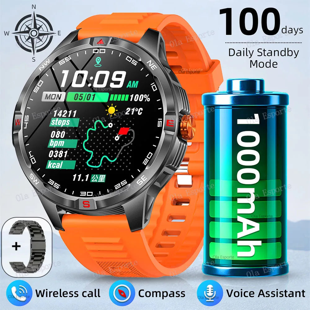 Military 1000mAh Battery Sports Smart Watch Adult Men Compass BT Call Heart Rate Health Monitoring IP68 Waterproof SmartWatches Peaceful Pleasures Health and Wellness Or22BkSzstrap