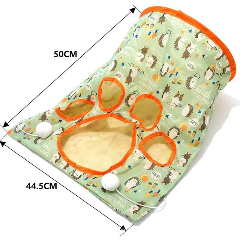 Foldable Cat Tunnel Toy – Crinkle Paper, Plush Balls & Mouse