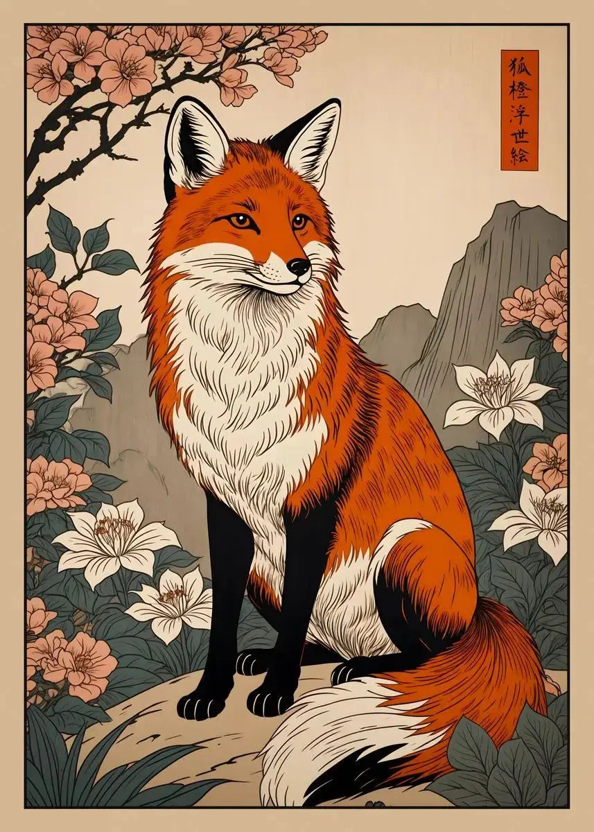 Japanese Animal Canvas Print | Vintage Tiger Fox Deer Retro Poster