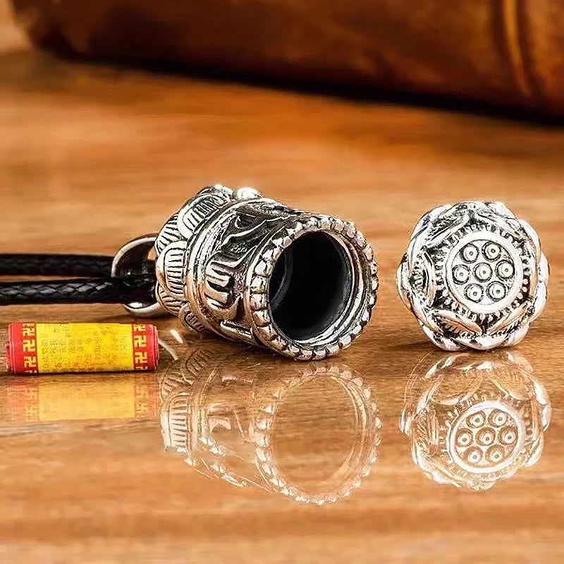 1Pc Hollow Copper Plated Lotus Sutra Cylinder Pendant Keychain Handmade Vintage Pill Box Container Bottle Peaceful Pleasures Health and Wellness