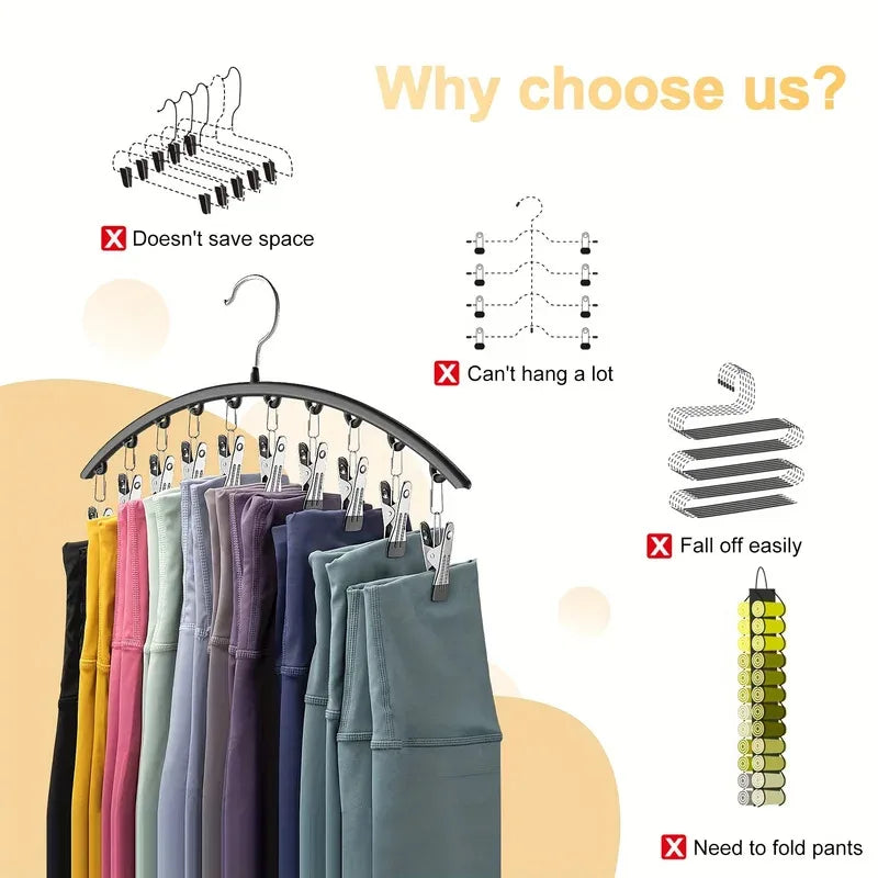1pc Curved Shape Hanger, Metal Yoga Pants Hangers, Organizer For Closet, Pants Hanger With 10 Clothespins, Holds 10 Leggings Peaceful Pleasures Health and Wellness