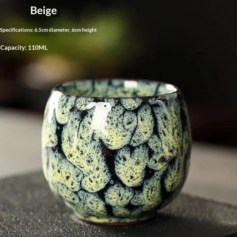 New Ceramic Kung Fu Tea Set with Kiln Transformation, Single Cup Tianmu Glaze, Main Tea Tasting Cup, Egg Shaped Small Tea Bowl Peaceful Pleasures Health and Wellness 11 110ML