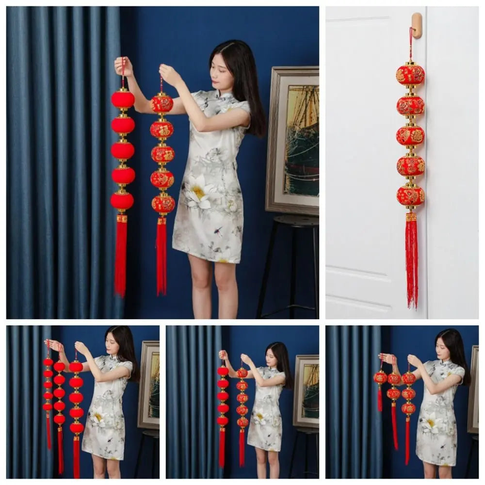 Chinese New Year Red Lantern Hanging with Tassels & Ball String