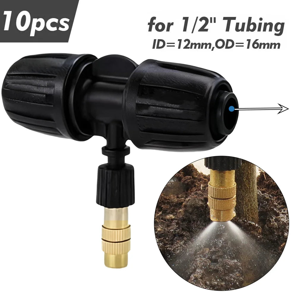 1/4'' 3/8'' 1/2'' Tubing Brass Misting Nozzles with Tee Connector Snap-On Quick Joint Outdoor Garden Irrigation Atomizer Sprayer Peaceful Pleasures Health and Wellness C-10pcs