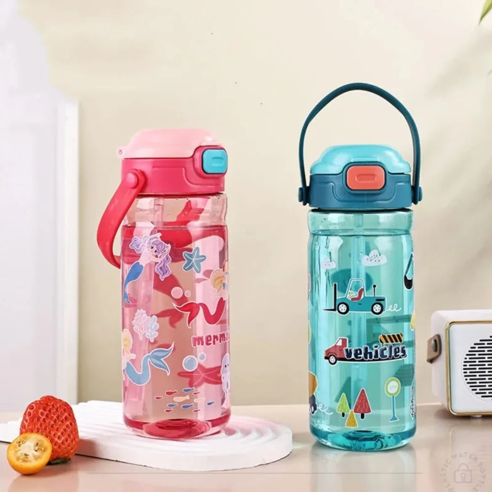 550ml Kids Cartoon Straw Water Bottle with Handle | BPA-Free