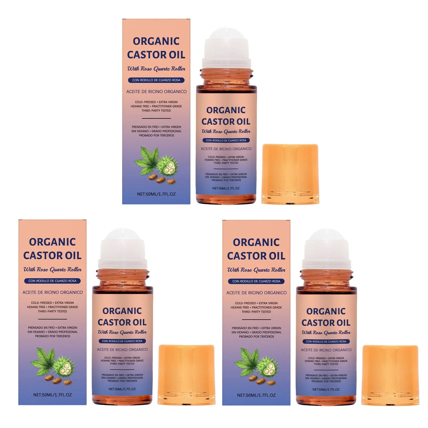 Organic Castor Oil with Rose Quartz Roller – Cold Pressed 50ml