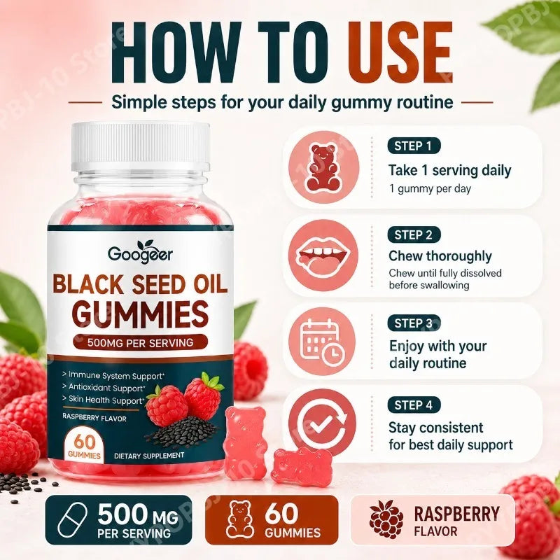 Googeer Black Seed Oil Gummies with Zinc | 60 Raspberry Gummies