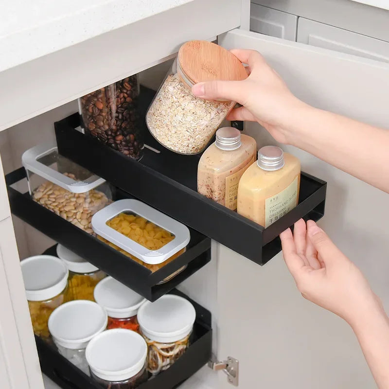 Pull-Out Cabinet Slide Shelf | No-Drill Carbon Steel Organizer