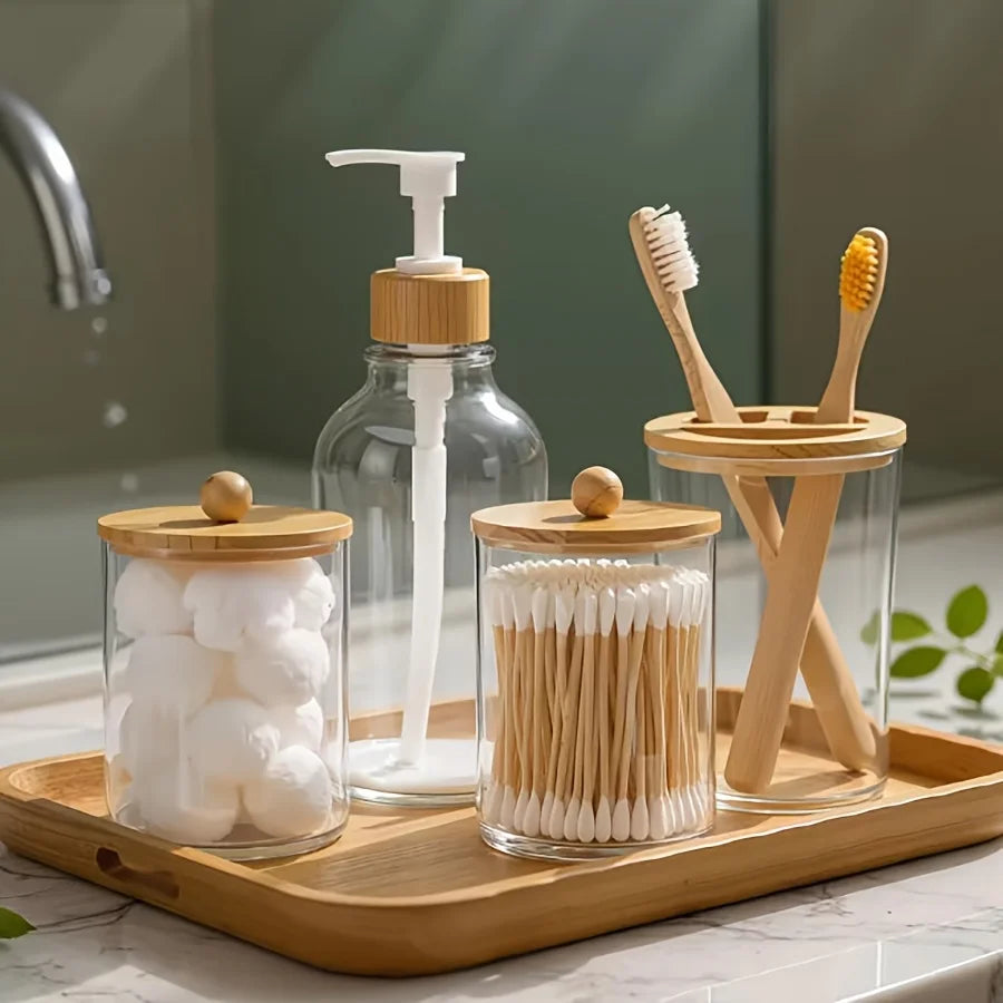 Boho Bathroom Accessories Set – 4 Piece Clear Canister, Soap Dispenser & Toothbrush Holder