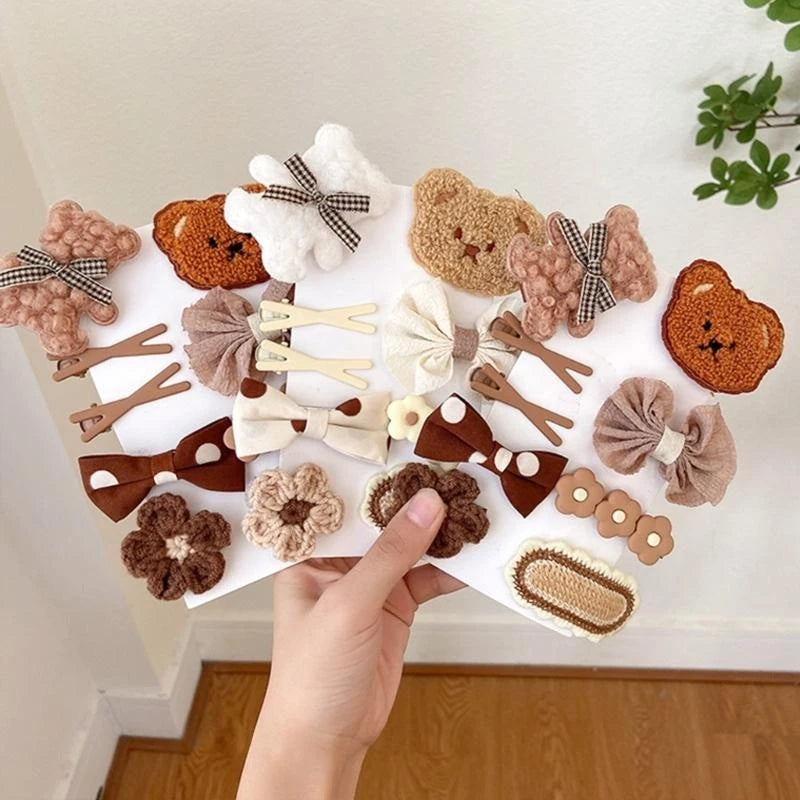9-Piece Cartoon Bear & Bow Hair Clip Set for Baby Girls