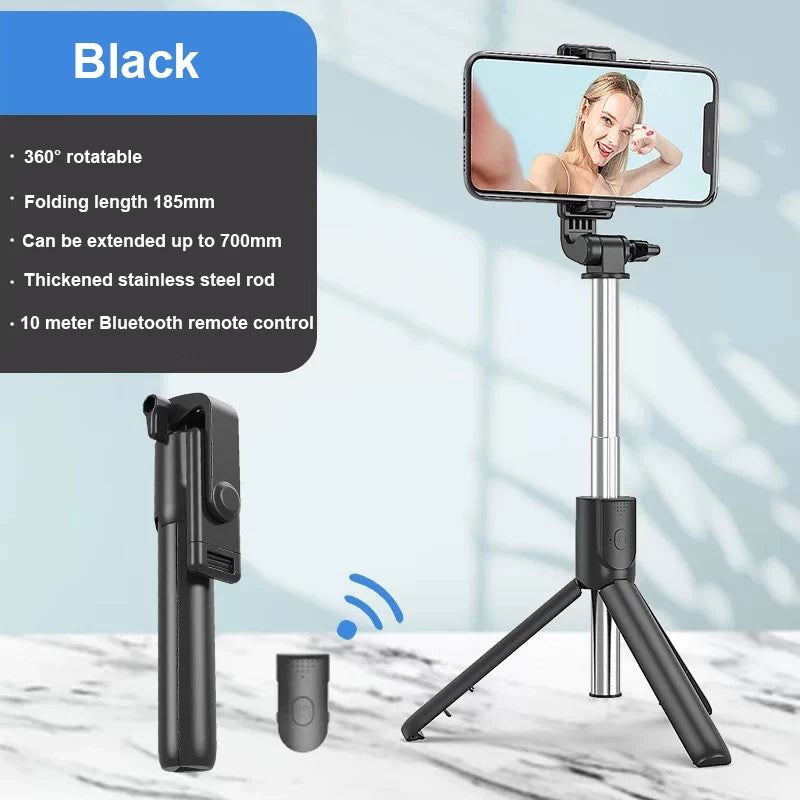 Portable Bluetooth Selfie Stick Mobile Tripod Holder with Remote Shutter Extendable Wireless Remote Retractable Phone Stand Peaceful Pleasures Health and Wellness black