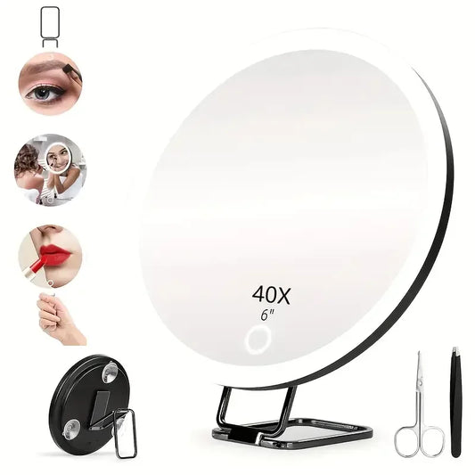40X Magnifying Makeup Mirror with Adjustable Light & Stand Lighted Makeup Mirror Peaceful Pleasures Health and Wellness Black 40X