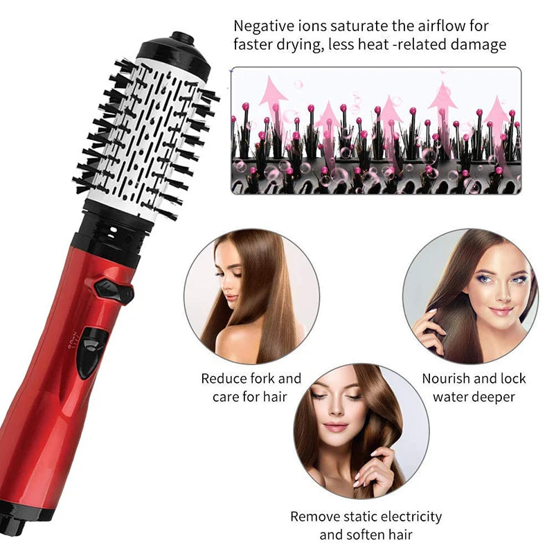 Rotating Hair Dryer Brush Electric Blow Drier Comb Hot Air Straightener Curler Iron One Step 2 Gears Blower Replaceable 2 Heads Peaceful Pleasures Health and Wellness