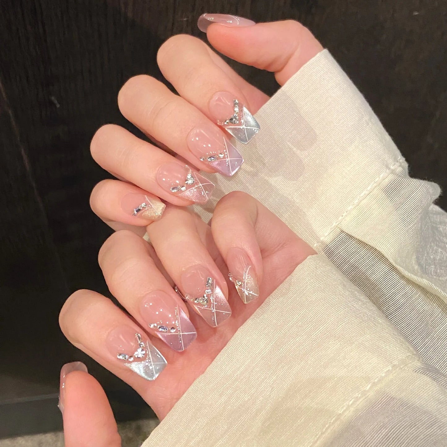 10pcs Handmade Press on Nails Shiny French Cat Eyes Fake Nail Tips with Rhinestone Decor Women Girl Wearable Coffin False Nails Peaceful Pleasures Health and Wellness XS 1