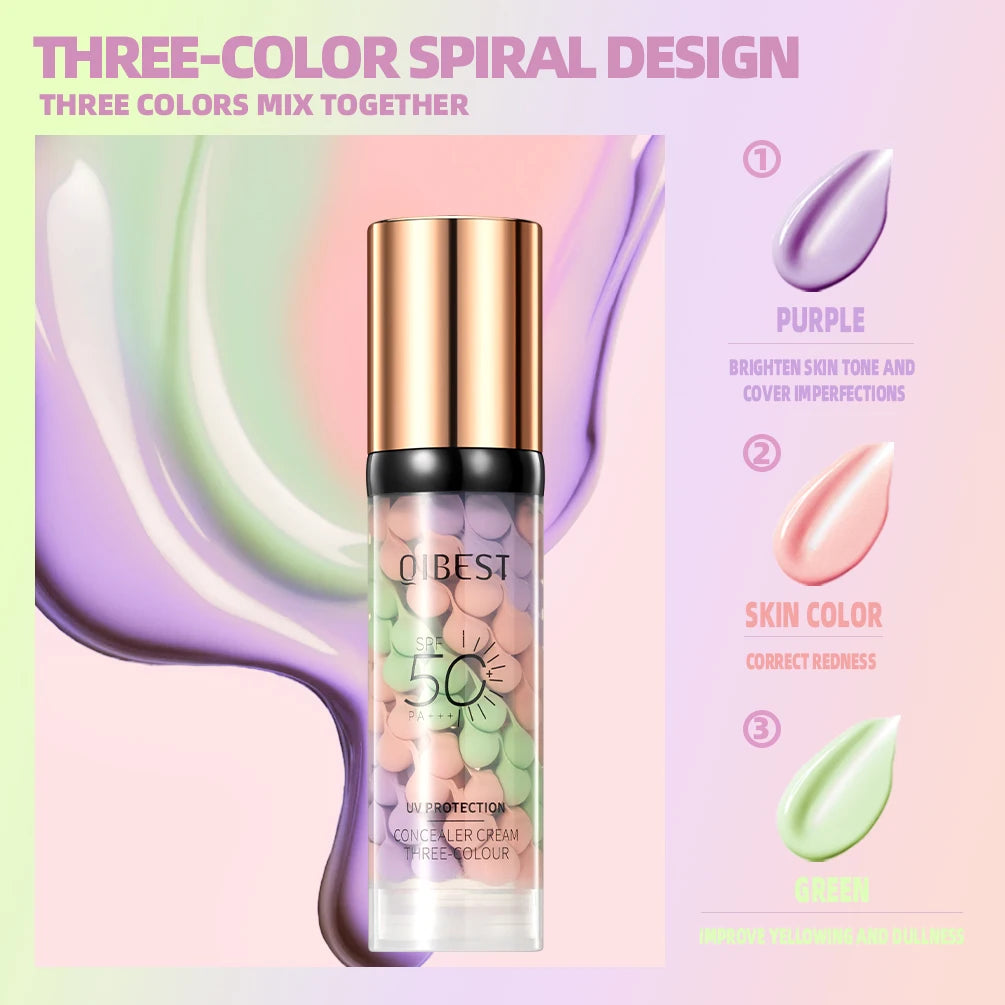 QIBEST Three Color Liquid Concealer Mixed Isolation Lotion Makeup Invisible Pore Moisturizing Bright Skin Face Primer Foundation Peaceful Pleasures Health and Wellness