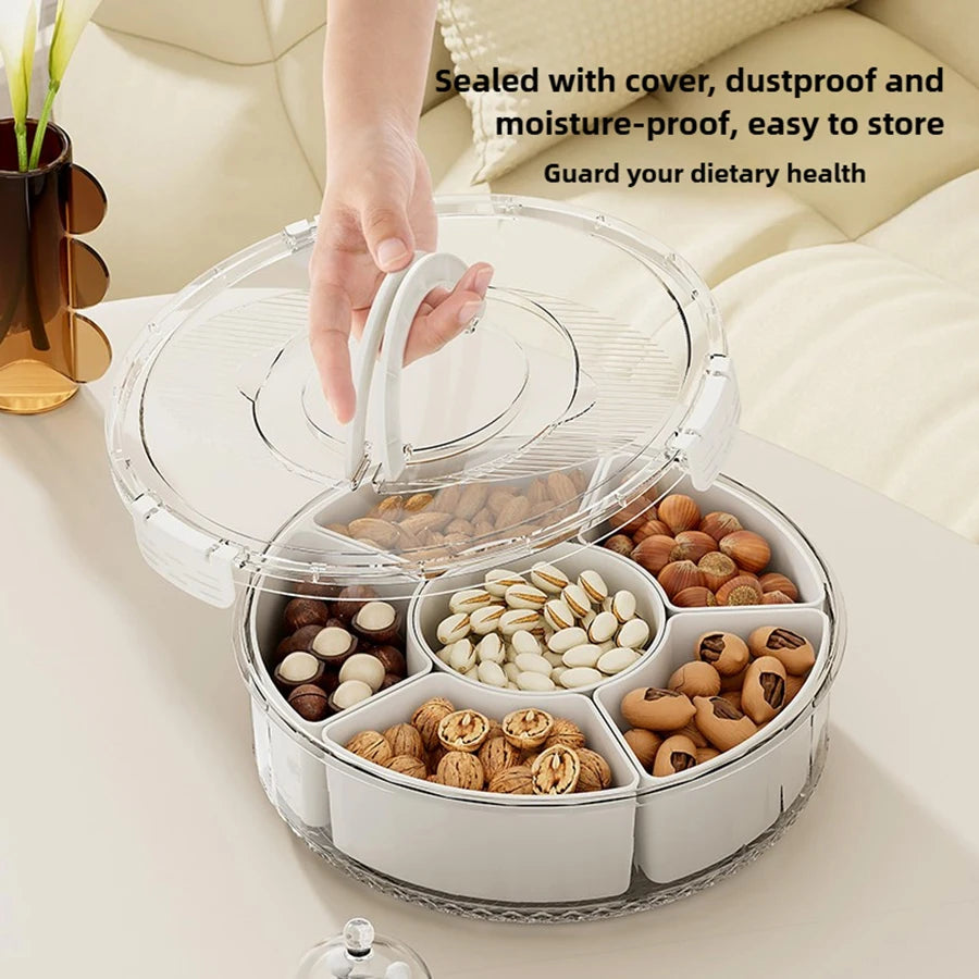 Rotating Divided Serving Tray with Lid & Handle – Large Snack Spinner & Multi-Purpose Food Platter