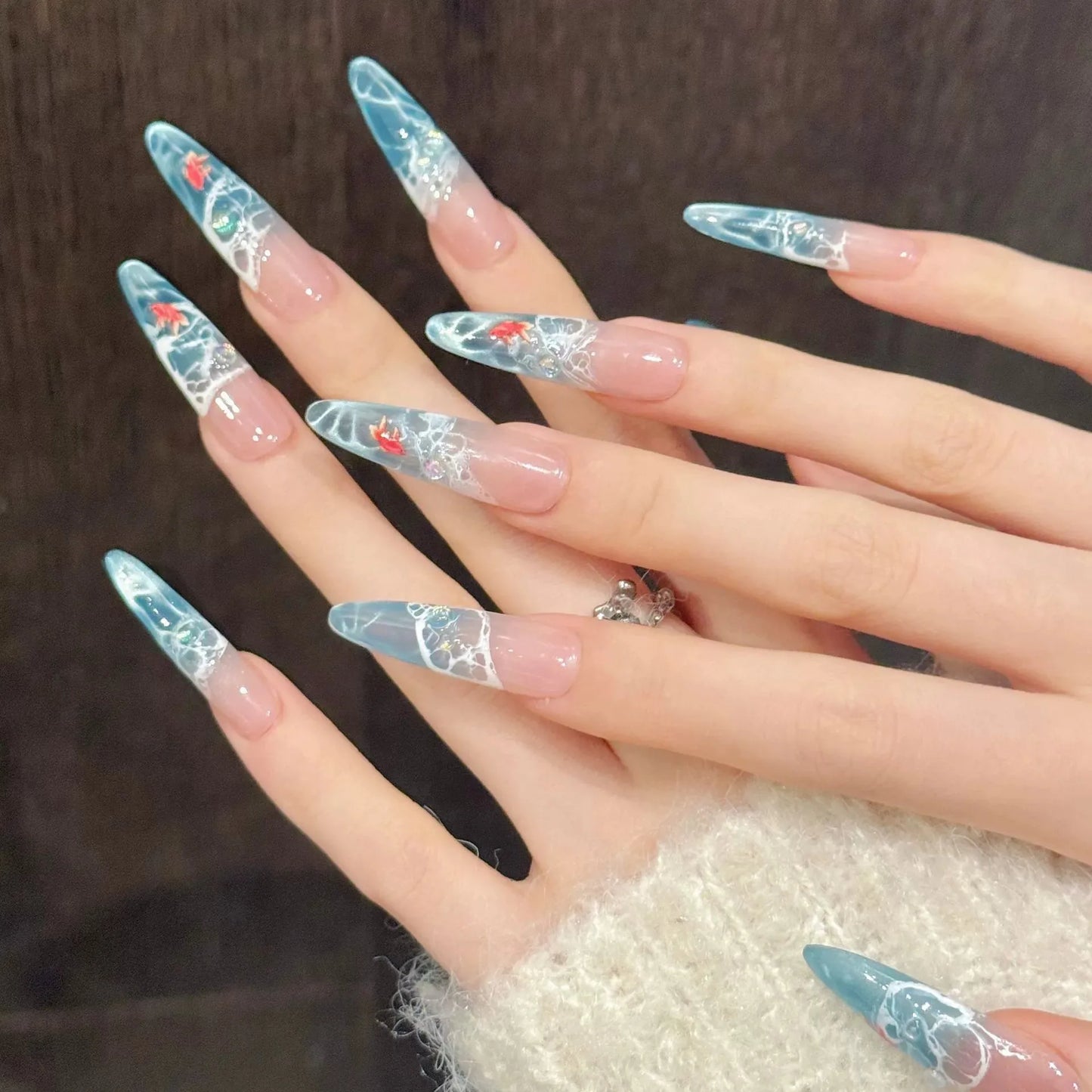 10pcs Handmade Water Ripple Cat Eye Press on Nails Ice Through Blue Fake Nails Almond Wearable Detachable Glitter False Nail Tip Peaceful Pleasures Health and Wellness