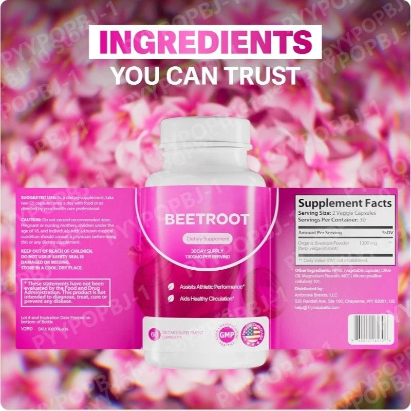 Beet Root Capsules 1300mg | Non-GMO Supplement 60 Caps