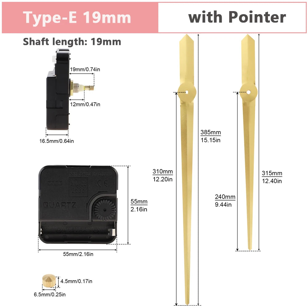 Wall Clock Mechanism Silent Quartz Movement Machine Wall Hands Silent Sweeping Second Movement with Pointer DIY, Repair Tools Peaceful Pleasures Health and Wellness Tpye-E 19mm China Mainland