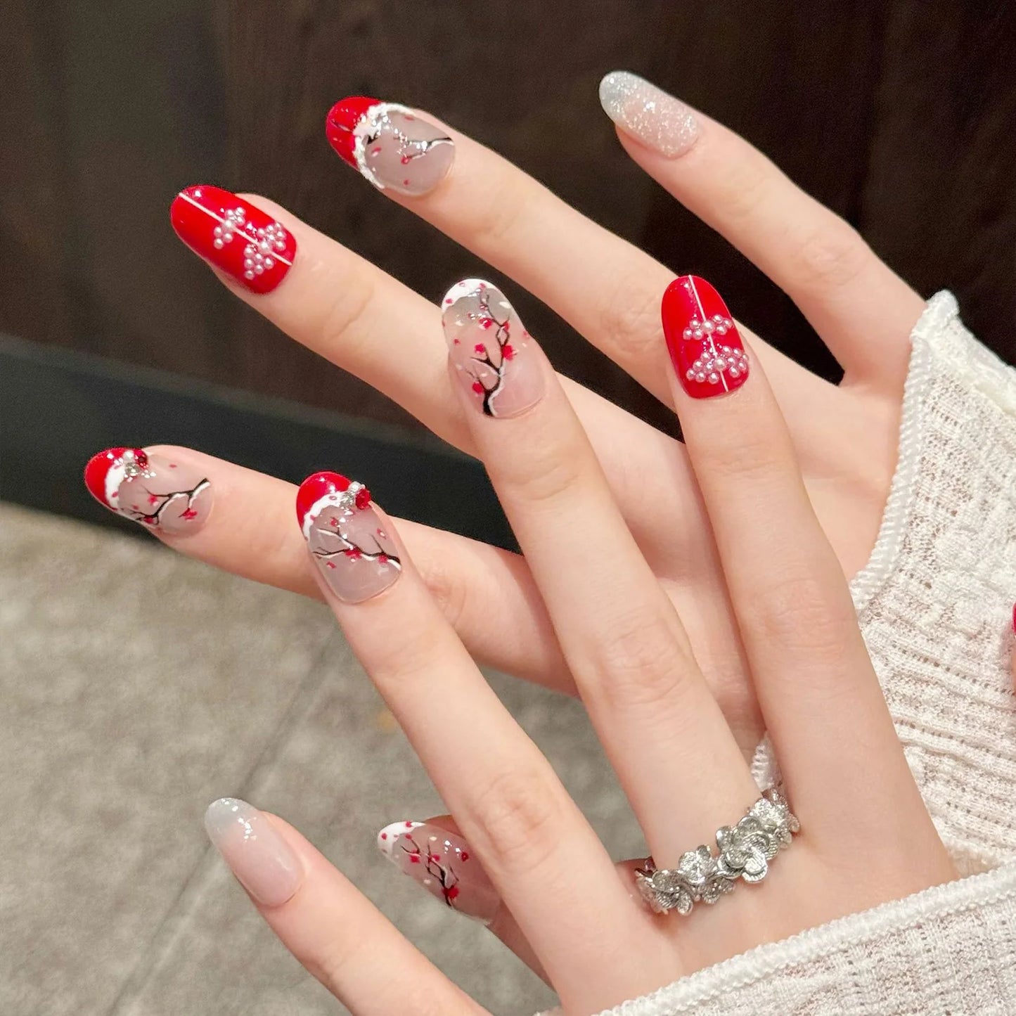 10pcs Handmade Press on Nails Chinese Style Hand-painted Plum Cat's Eye Fake Nails Wearable Antique False Nails Red French Tips Peaceful Pleasures Health and Wellness