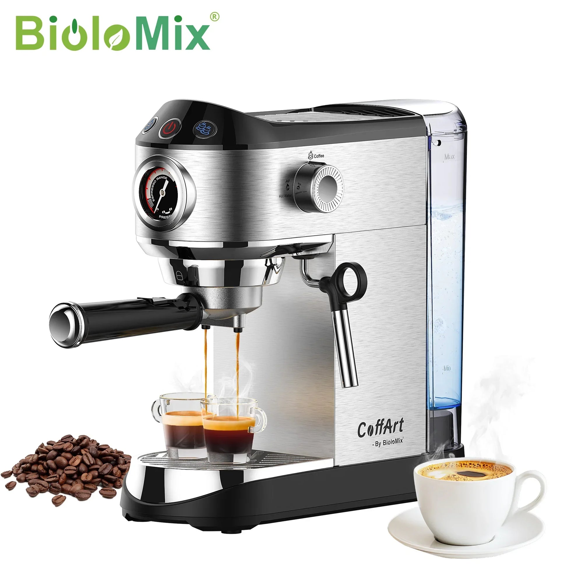 BioloMix 20 Bar Semi-Auto Espresso Machine with Steam Frother – 1350W Coffee Machine Peaceful Pleasures Health and Wellness