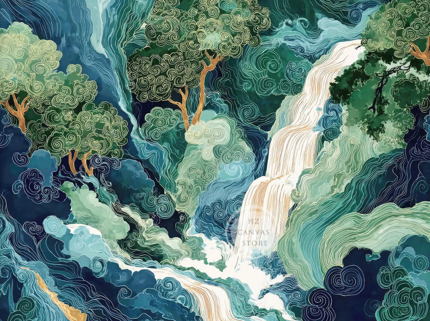 Hokusai Waterfall Oil Painting Print Japanese Ukiyo-e Blue Green Wall Art Modern Canvas Poster Living Room Bedroom Home Decor Peaceful Pleasures Health and Wellness gh3-3 30x40cm