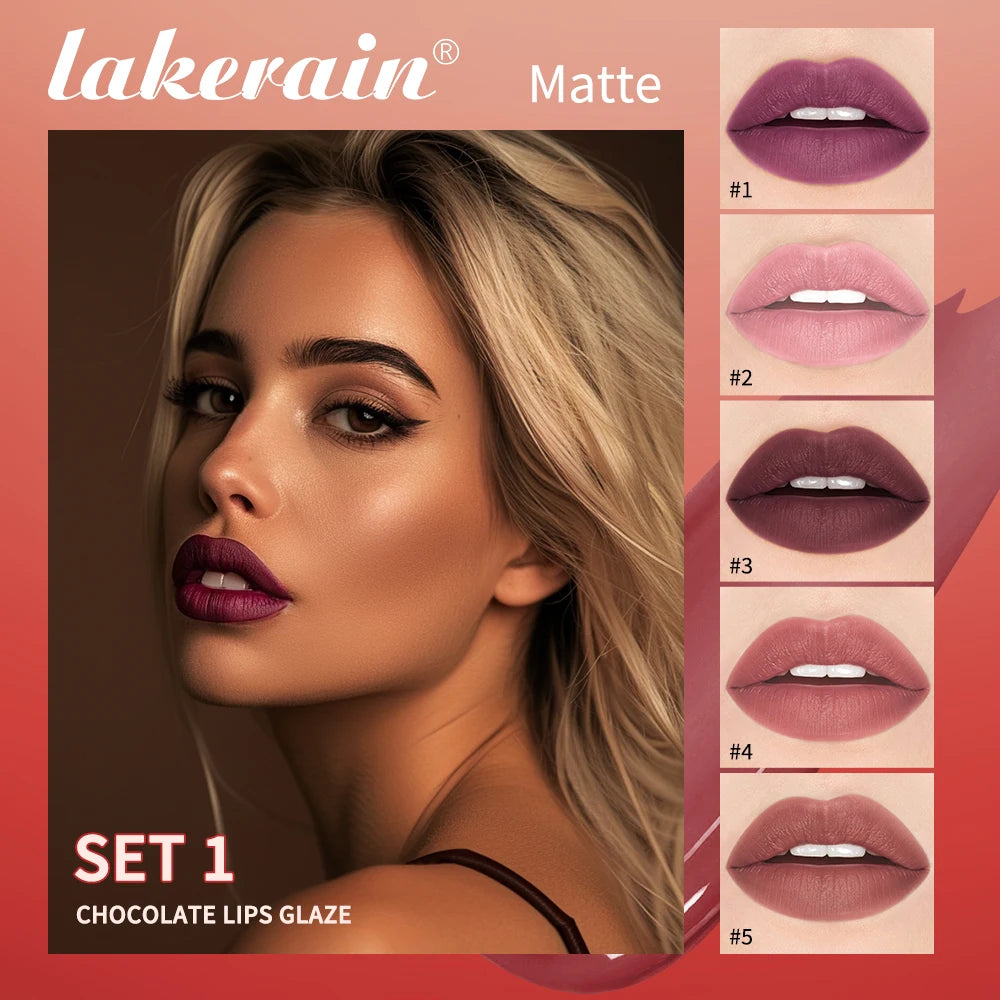 Lakerain Chocolate Lip Gloss Set Long Lasting Matte Finish Lip Tint Waterproof Sweat-proof NonStick Cup Liquid Lipstick 5pcs/Kit Peaceful Pleasures Health and Wellness