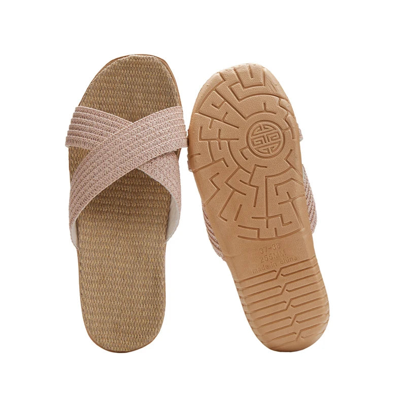 Women's Linen Cross Strap Flat Sandals | Lightweight EVA Slippers