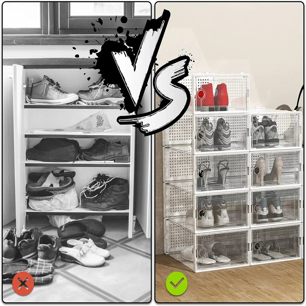 12-Pack Transparent Plastic Stackable Shoe Storage Boxes for Closet Linked Design Sports Shoe Organizers Foldable Shoe Racks Peaceful Pleasures Health and Wellness