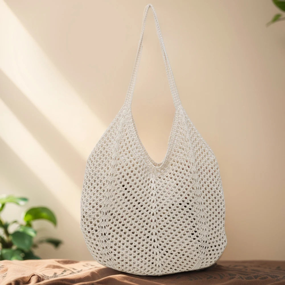 Knitted Hobo Shoulder Bag | Hollow-Out Tote for Women Peaceful Pleasures Health and Wellness Beige spain