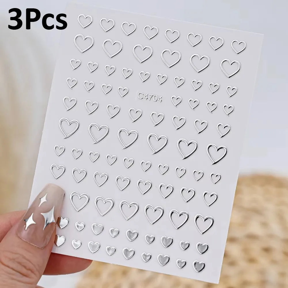 3D Silver Nail Art Stickers – Stars, Hearts & Chain Decals