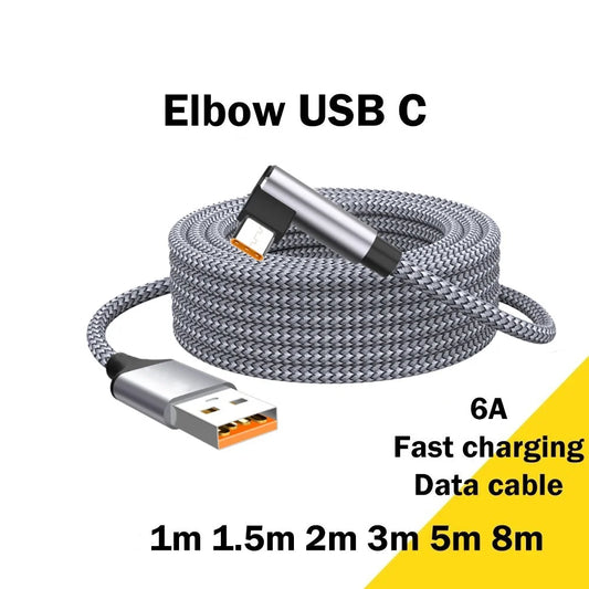 6A Right Angle USB-C Fast Charging Cable 3M 5M 8M | Quick Charge USB-C Charging Cable Peaceful Pleasures Health and Wellness