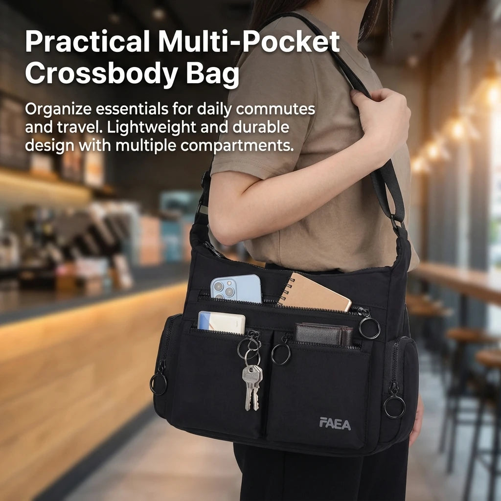 Unisex Multi-Pocket Utility Shoulder Bag Square Design Glossy Material for Casual and Commute Use Peaceful Pleasures Health and Wellness