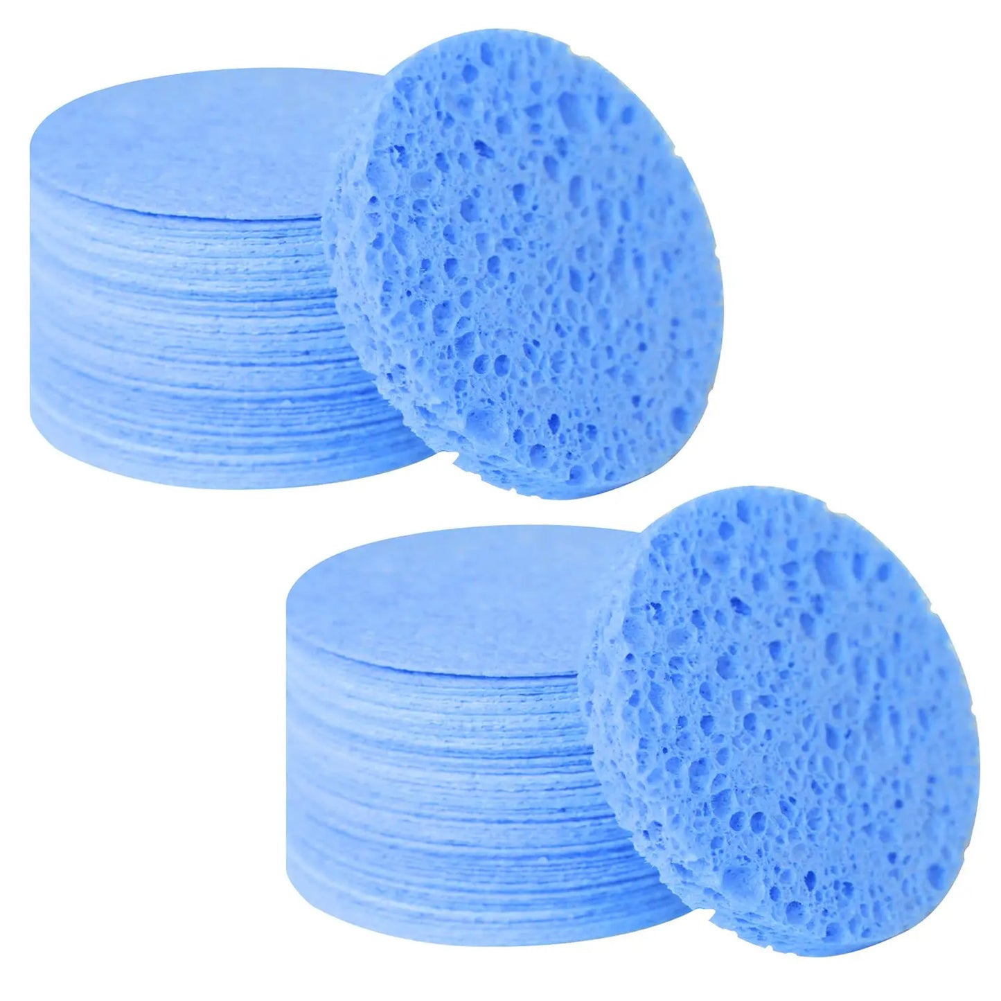 Compressed, 100% Natural Cellulose Face Sponges. Multi-use for cleansing, exfoliating & makeup removal. Expands with water. Peaceful Pleasures Health and Wellness blue-30pcs-01