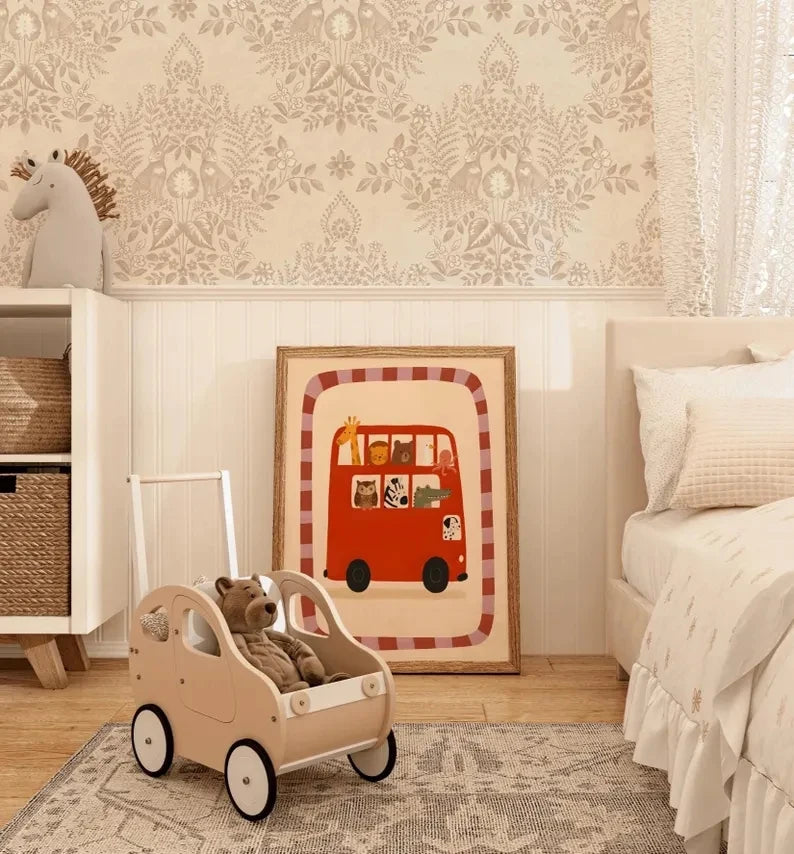 Cartoon Animals Red Bus Canvas Wall Art | Kids Room Decor