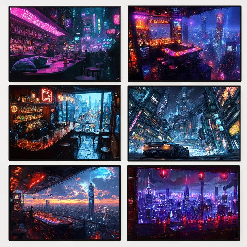 1pc frameless Cyberpunk Night City Landscape Poster Future Neon Lights Bar Design Canvas Wall Art for Living Room Home Decor Peaceful Pleasures Health and Wellness
