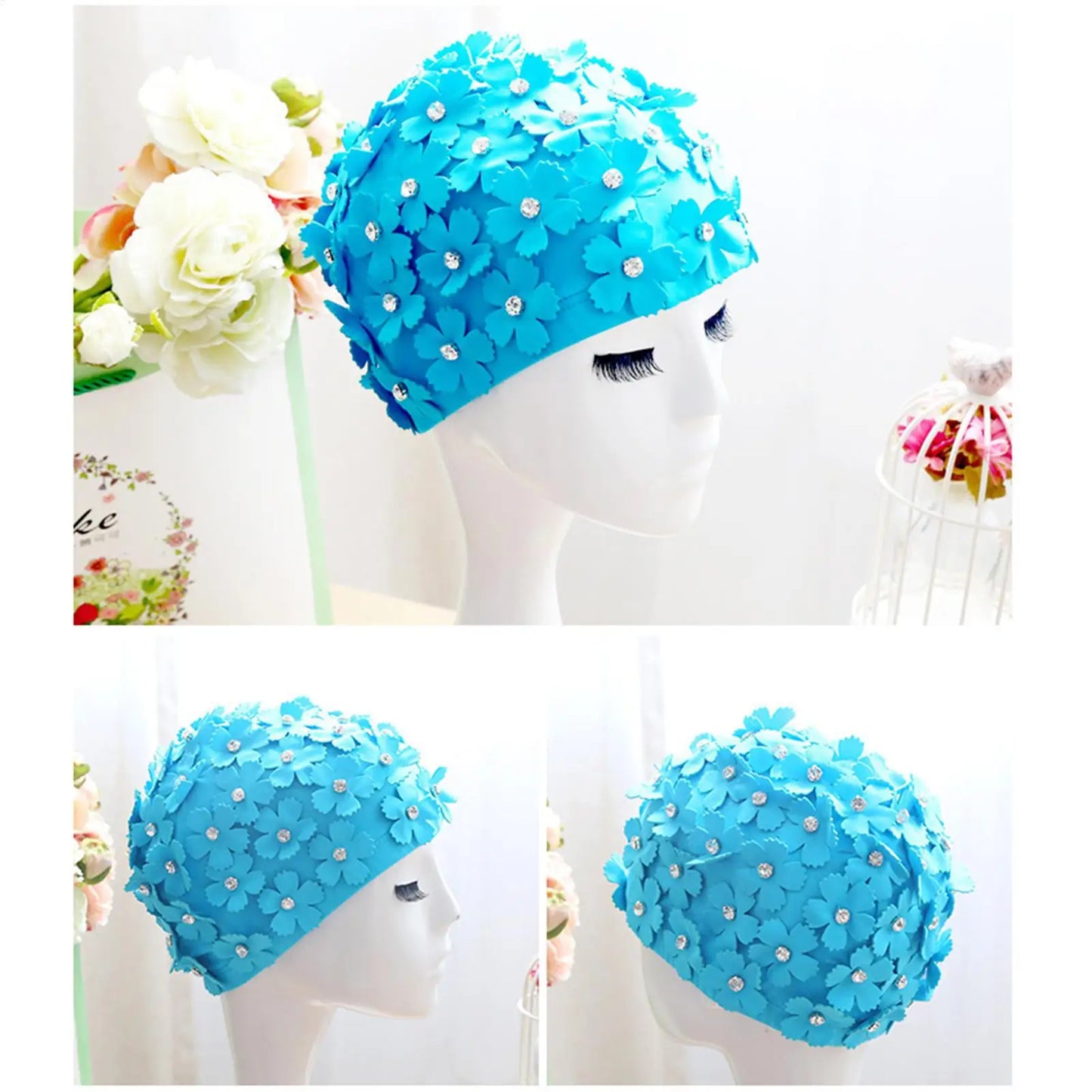 Rhinestone Flower Swim Cap for Women – Waterproof Bathing Hat